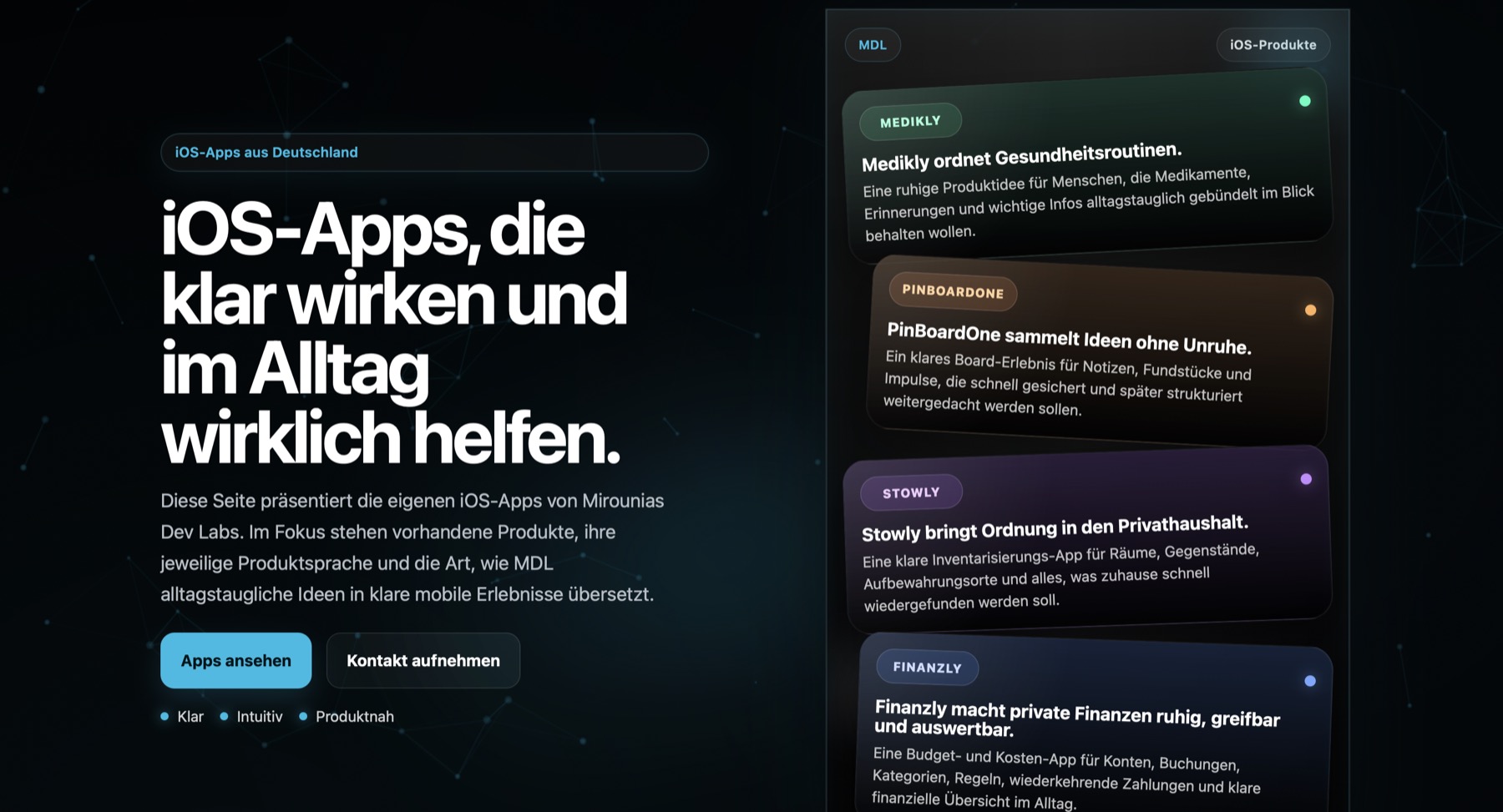 Hero-Vorschau der iOS-Apps-Seite von Mirounias Dev Labs